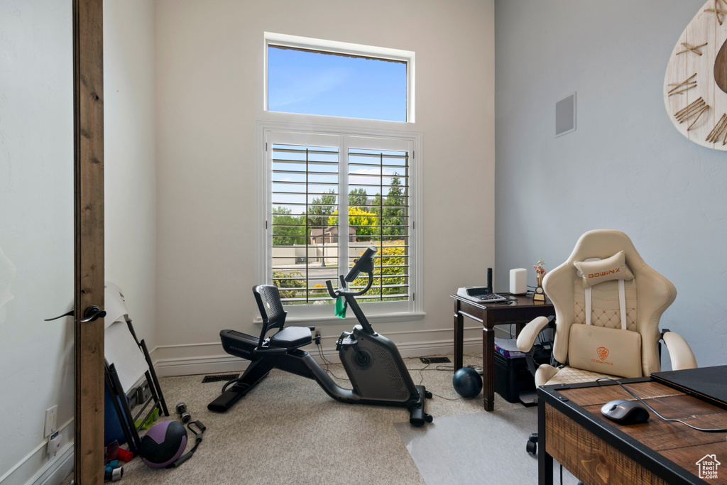 Workout room featuring carpet floors, a high ceiling, and baseboards