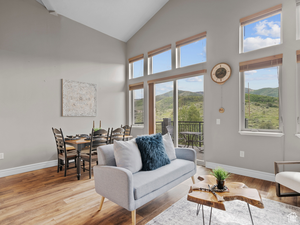 Living room featuring a mountain view, baseboards, high vaulted ceiling, and light wood-style flooring