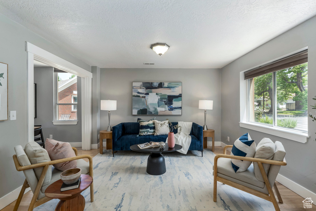 Living area with baseboards, healthy amount of natural light, wood finished floors, and a textured ceiling