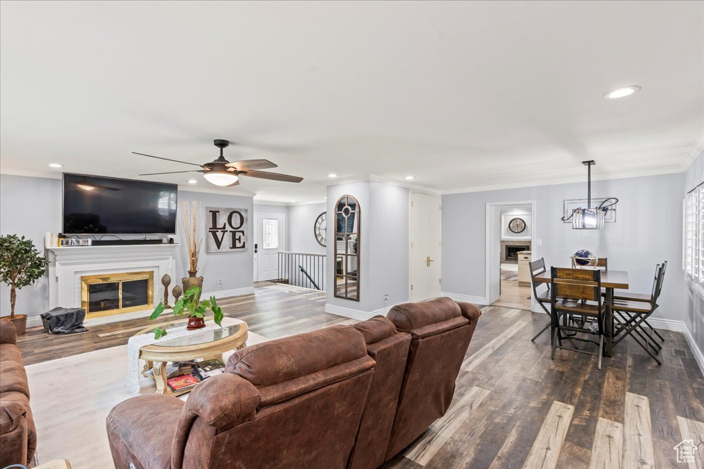 Living area with a glass covered fireplace, recessed lighting, dark wood-style floors, crown molding, and baseboards