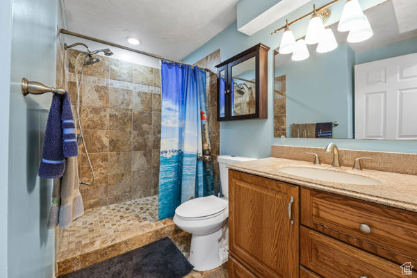 Bathroom featuring toilet, vanity, and a tile shower