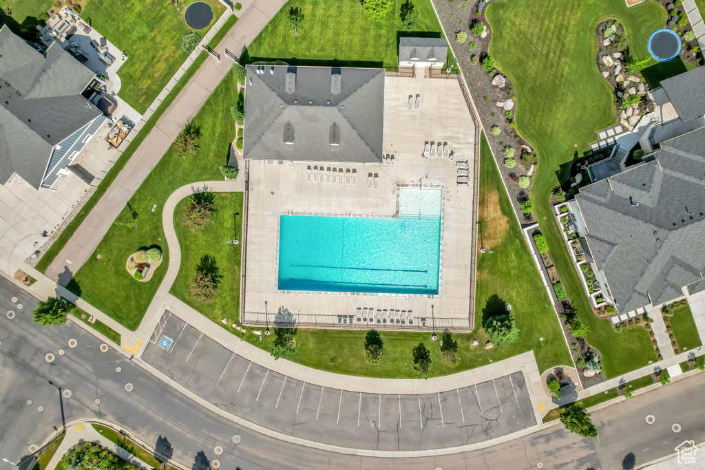 Drone / aerial view of a pool area