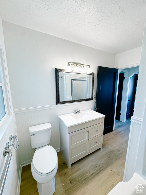 Bathroom with wood finished floors, toilet, vanity, a textured ceiling, and wainscoting