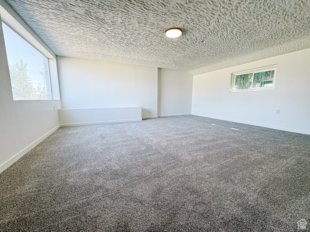Carpeted spare room with healthy amount of natural light, a textured ceiling, and baseboards