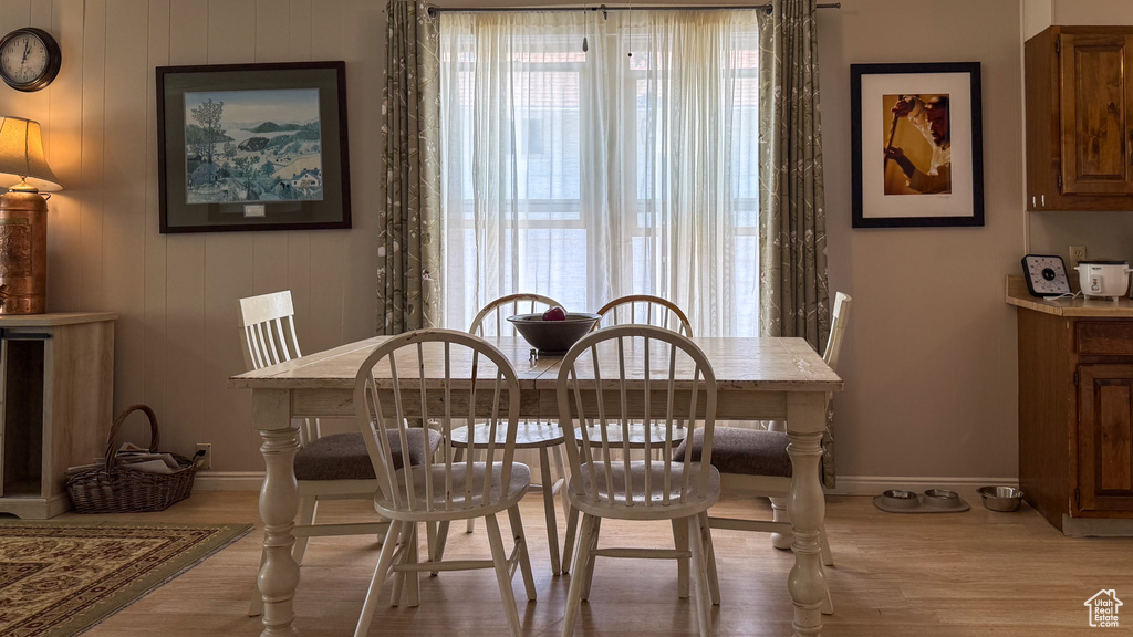 Dining room featuring light wood finished floors, plenty of natural light, and baseboards