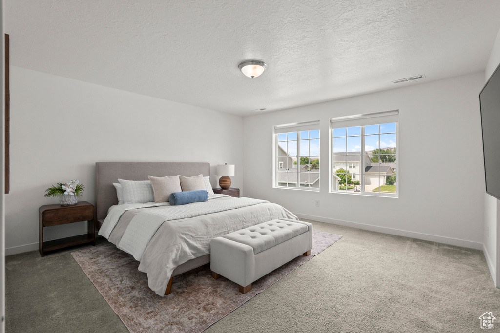 Bedroom with carpet floors, baseboards, and a textured ceiling