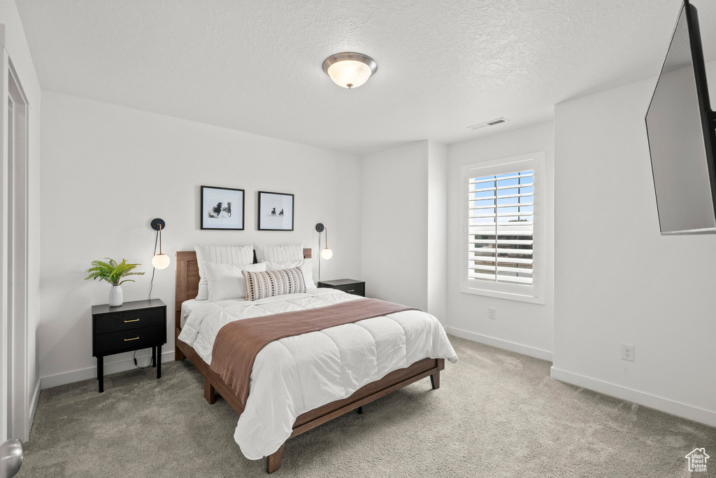 Bedroom featuring carpet floors, a textured ceiling, and baseboards