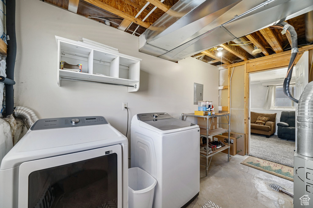 Laundry room with washer and dryer and electric panel