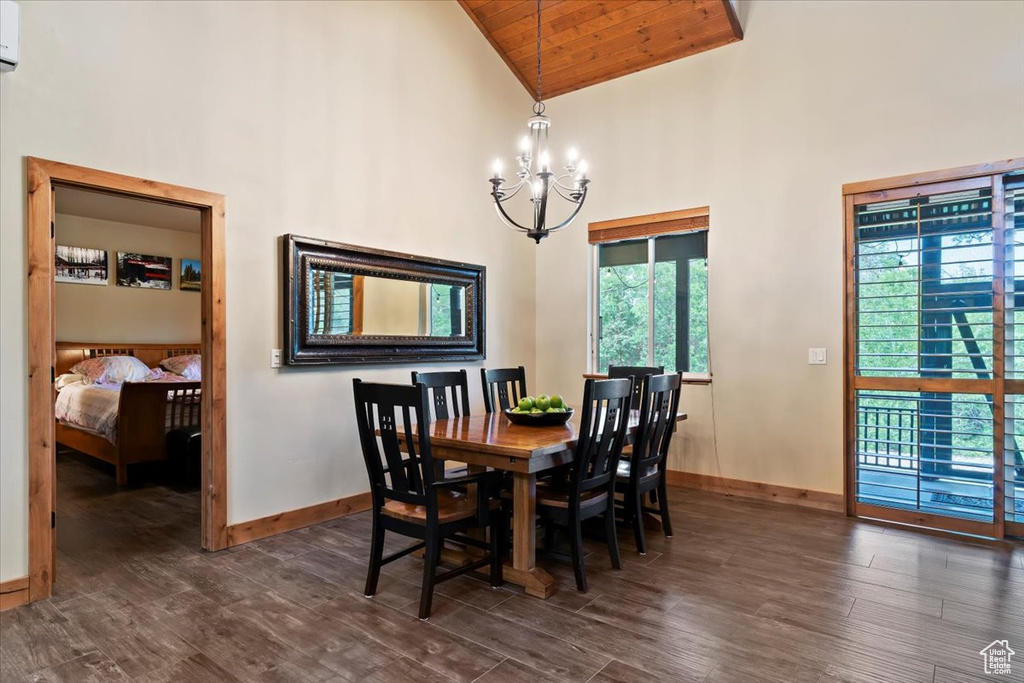 Dining room featuring high vaulted ceiling, a chandelier, baseboards, dark wood-style flooring, and wood ceiling