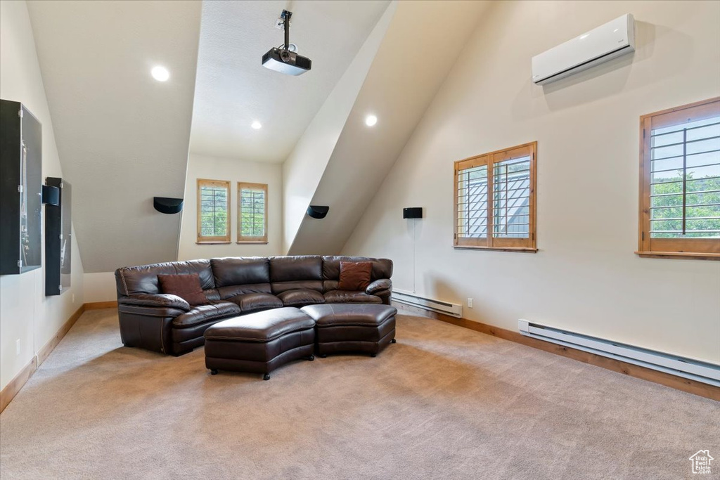 Living room with baseboard heating, a wall mounted AC, plenty of natural light, recessed lighting, and high vaulted ceiling