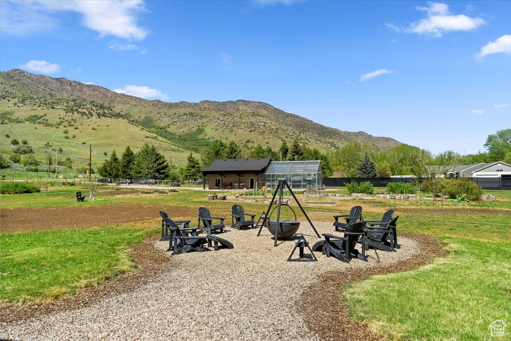View of patio featuring a mountain view