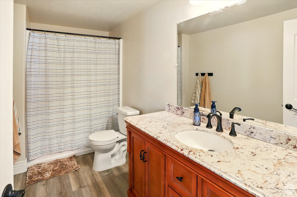 Bathroom featuring vanity, wood finished floors, toilet, and a shower with curtain