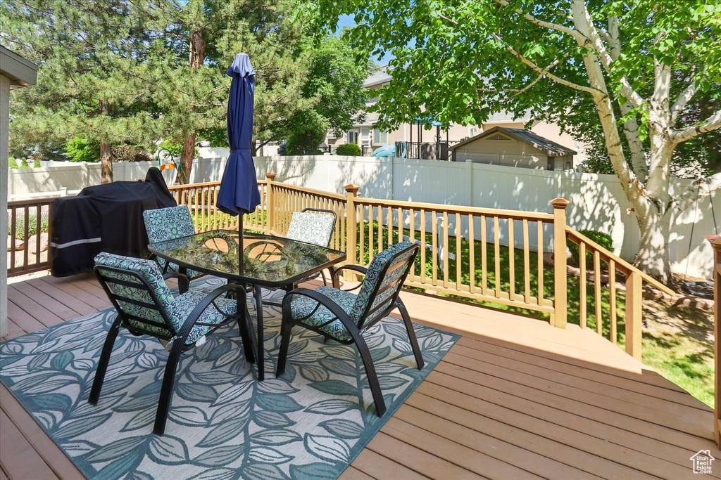 Deck featuring a fenced backyard and outdoor dining area