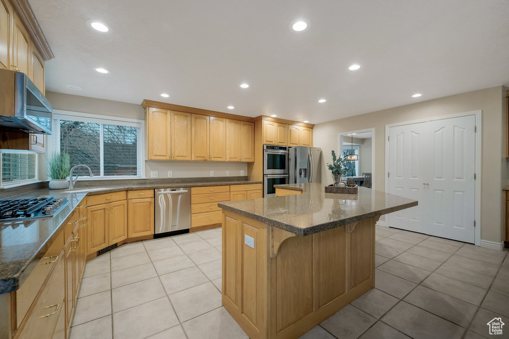 Kitchen with stainless steel appliances, a center island, range hood, recessed lighting, and a breakfast bar