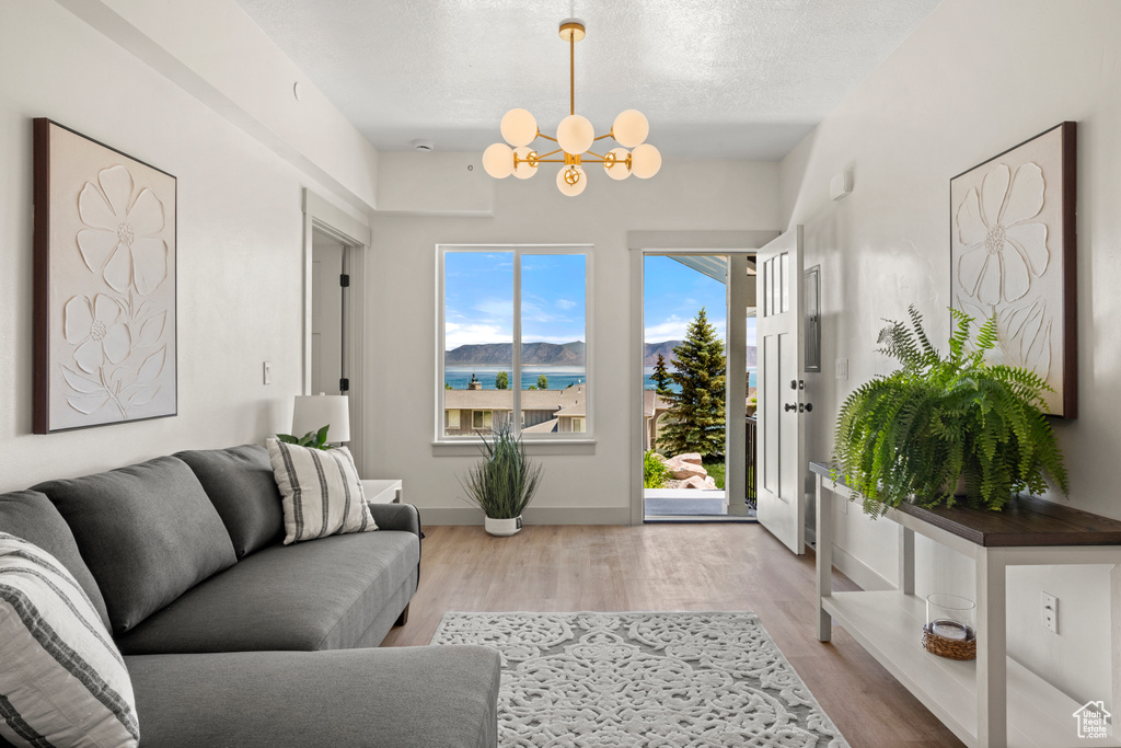 Living area featuring a chandelier and wood finished floors