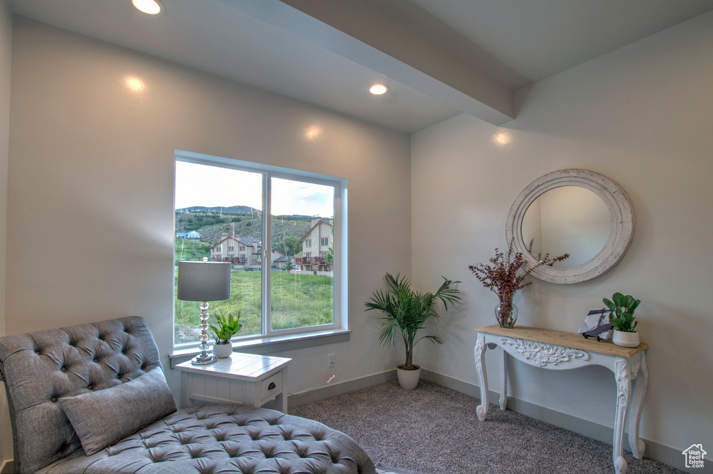 Sitting room featuring recessed lighting, carpet, and baseboards