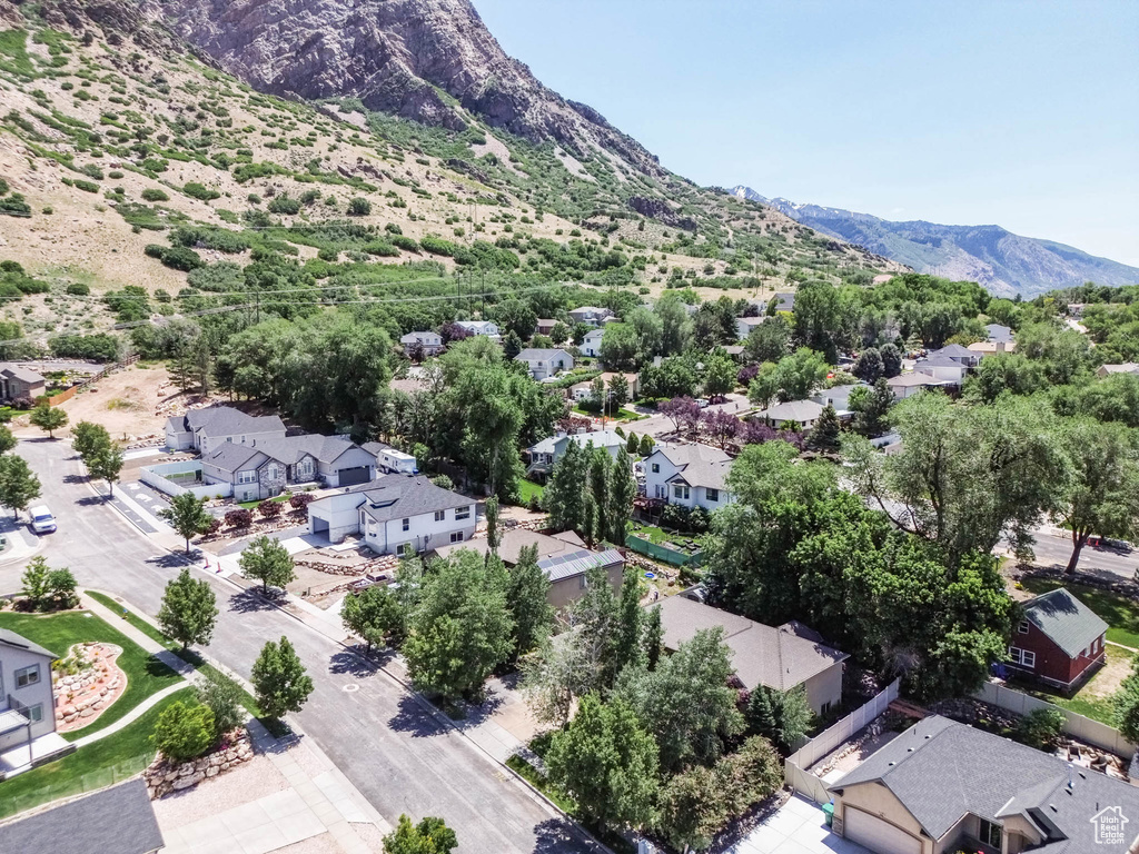 Aerial view of residential area with mountains