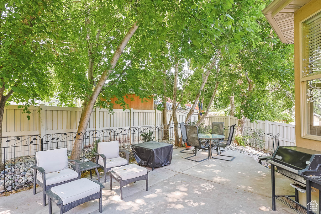 Fenced backyard with a patio area, a grill, and outdoor dining area