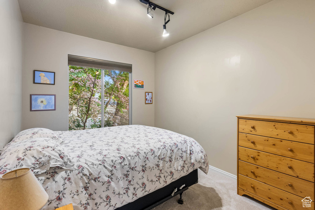 Bedroom with light colored carpet, rail lighting, and baseboards
