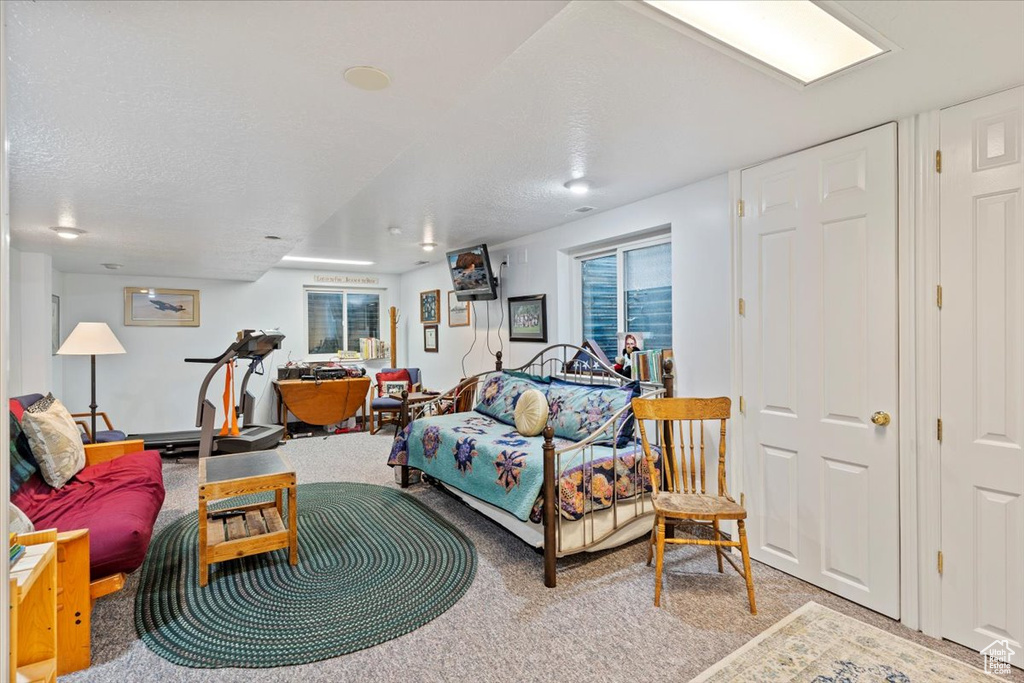 Living area with carpet flooring and a textured ceiling