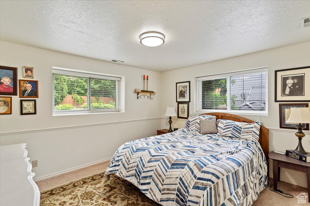 Carpeted bedroom with a textured ceiling