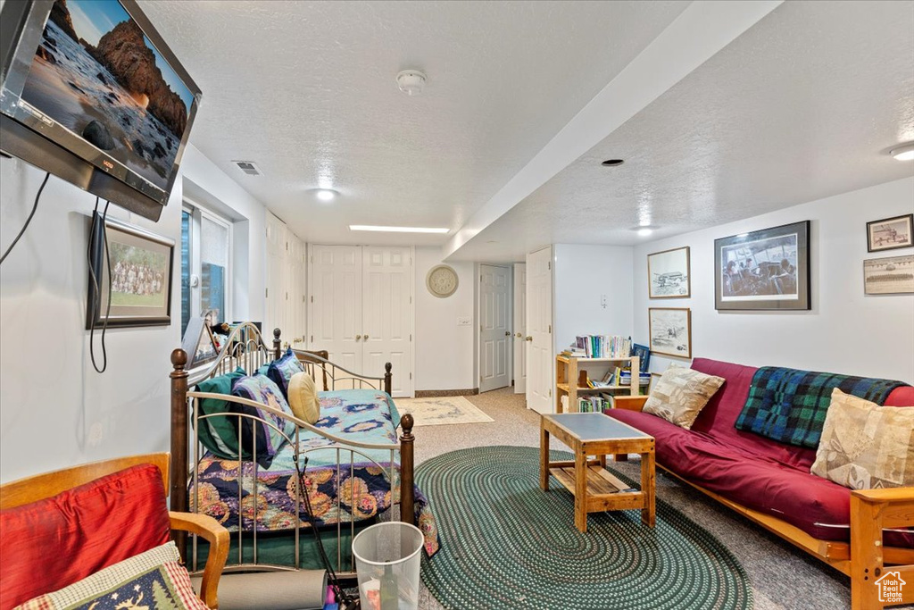 Carpeted living room with a textured ceiling