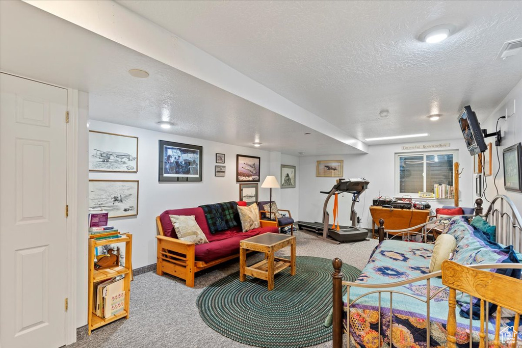 Living room with carpet floors, a textured ceiling, and baseboards