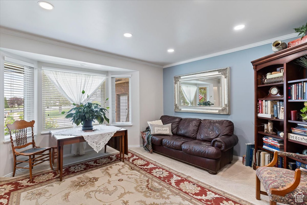 Carpeted home office featuring recessed lighting, baseboards, and ornamental molding