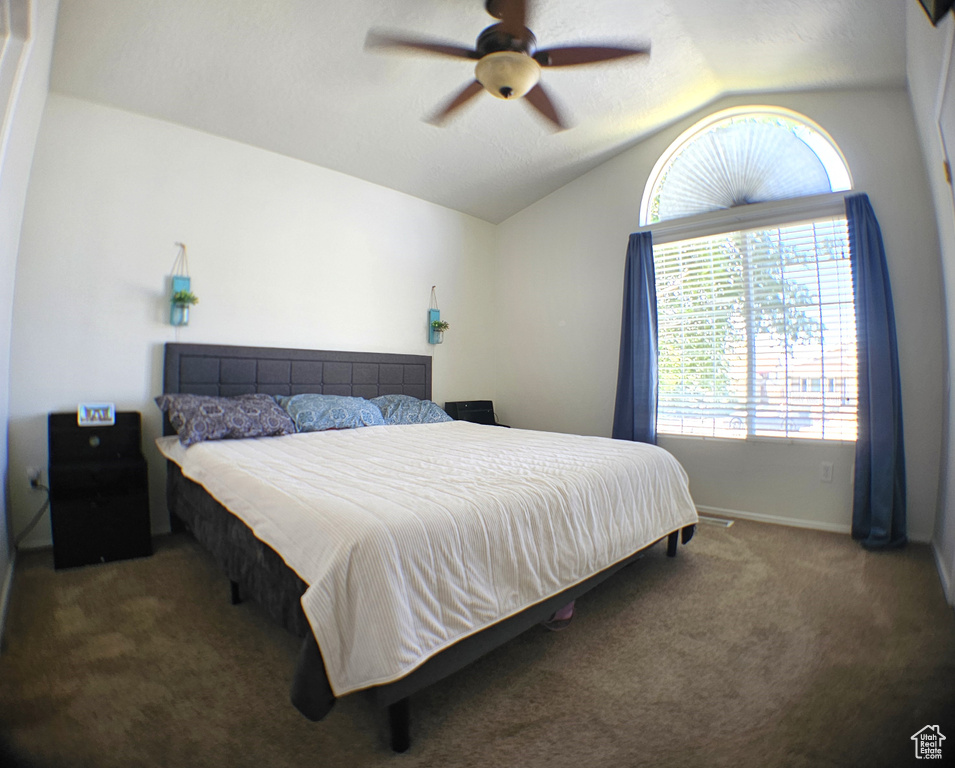 Carpeted bedroom featuring vaulted ceiling, multiple windows, ceiling fan, and baseboards