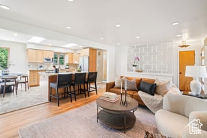 Living area featuring light wood-type flooring and recessed lighting