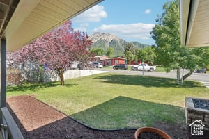 View of grassy yard with a mountain view