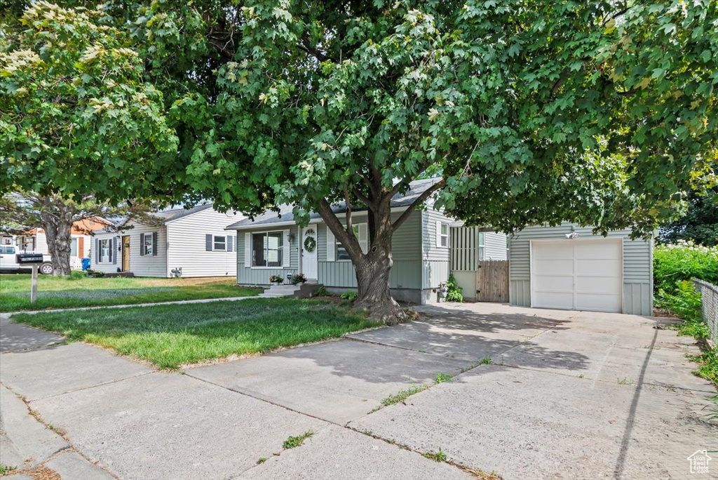 View of property hidden behind natural elements featuring a front lawn and driveway