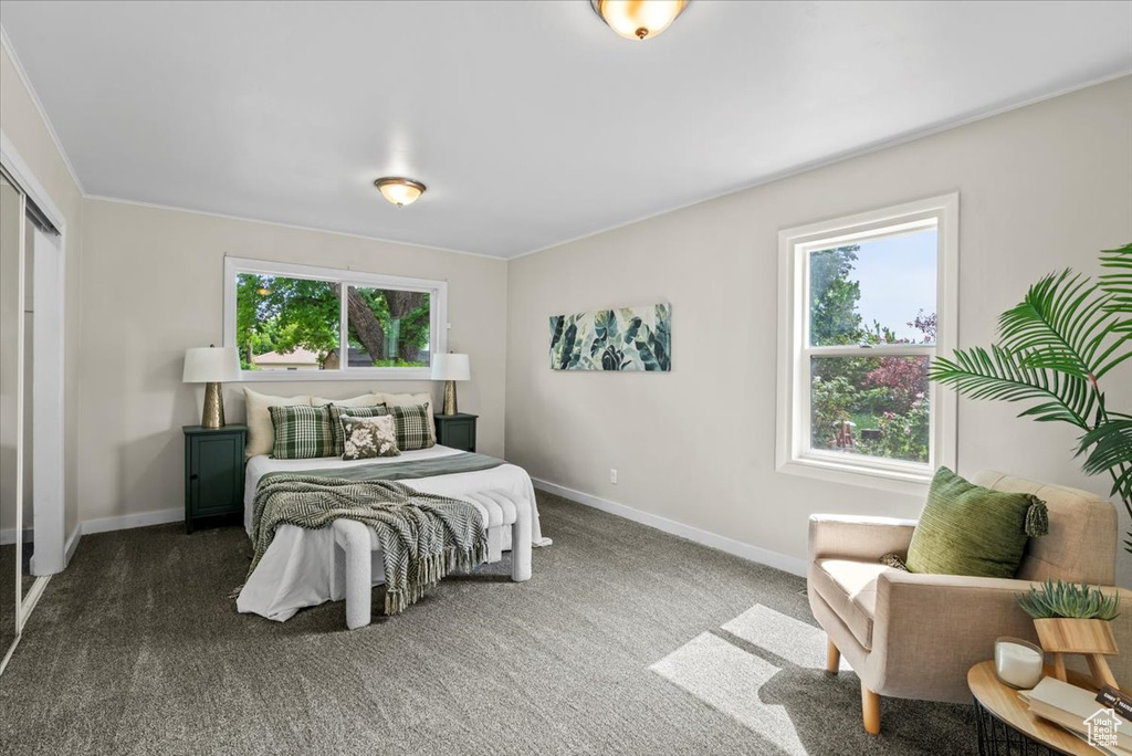 Carpeted bedroom featuring baseboards