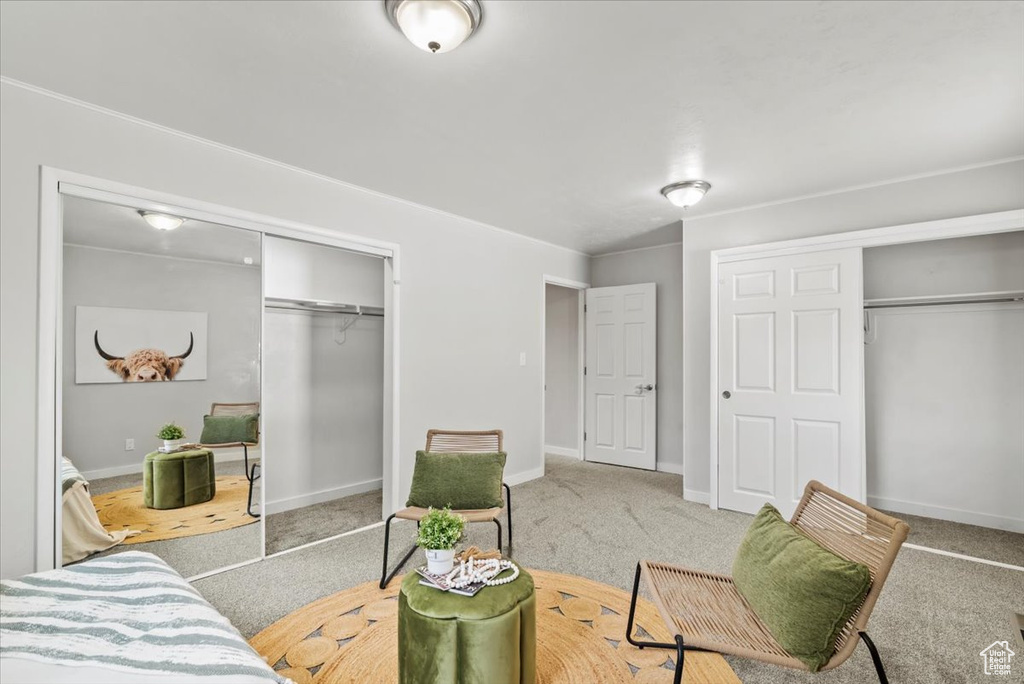 Carpeted bedroom with two closets and baseboards
