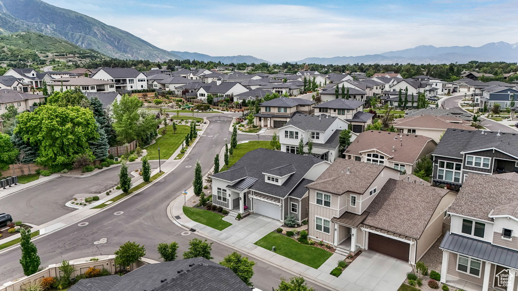 Aerial perspective of suburban area featuring mountains