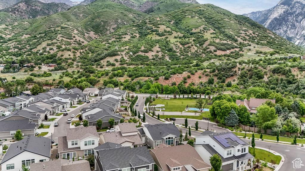 Aerial view of residential area with mountains