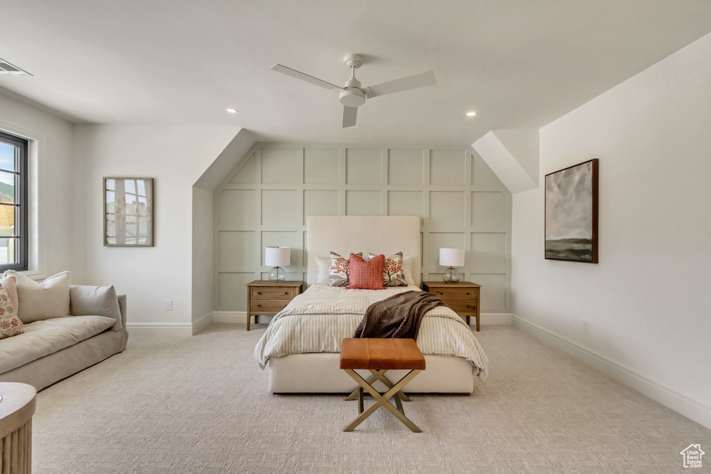 Bedroom with light carpet, recessed lighting, and ceiling fan