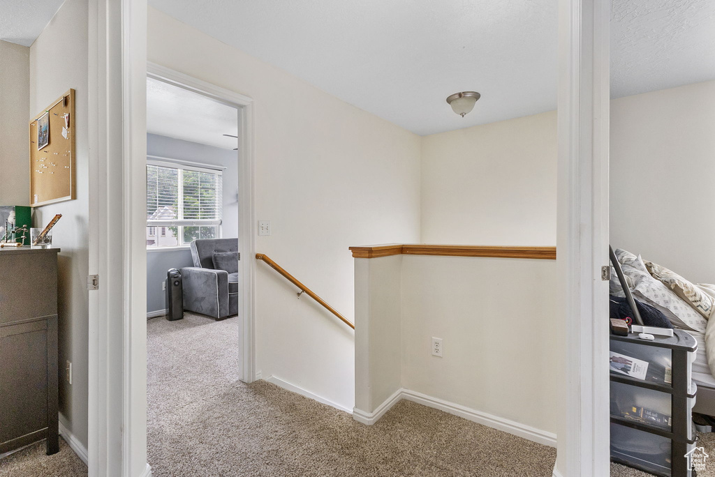 Corridor with an upstairs landing, carpet, and baseboards
