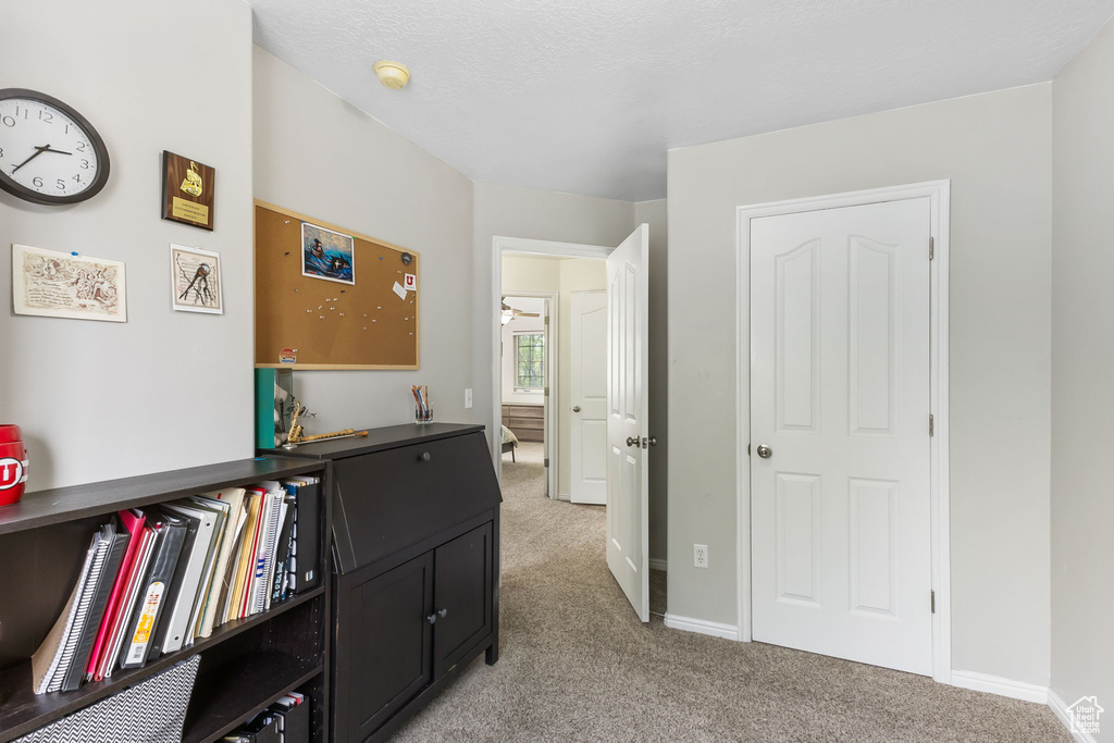 Bedroom with light carpet and baseboards