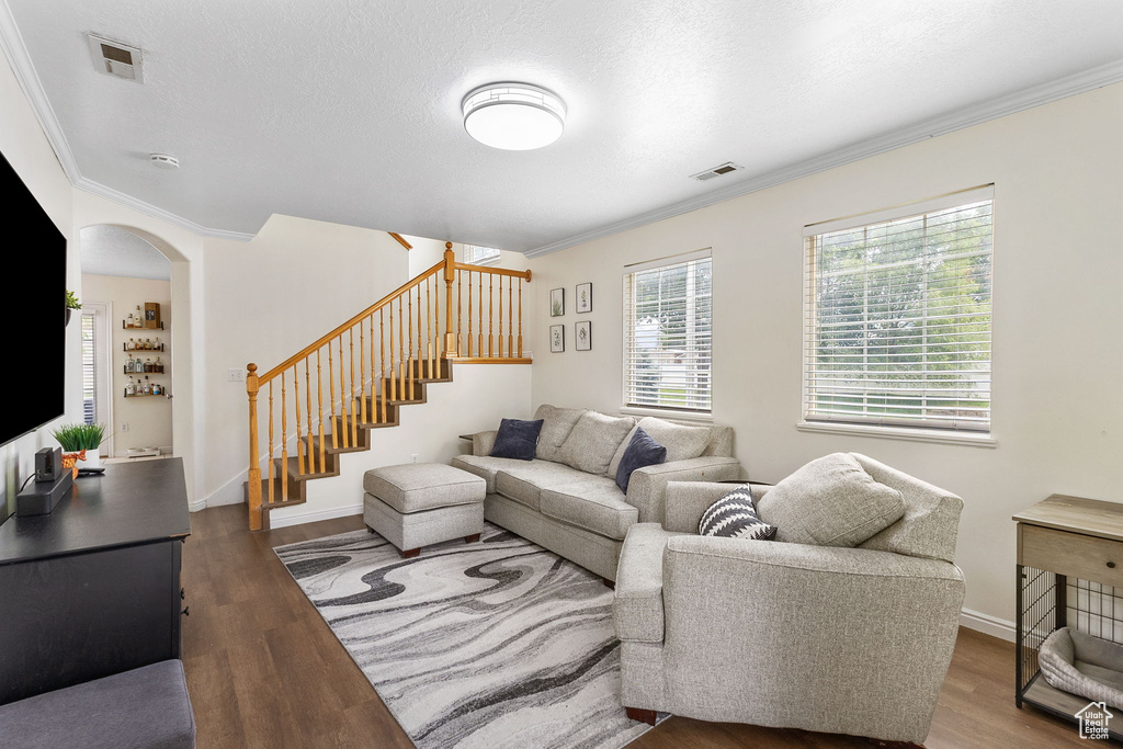 Living room with crown molding, wood finished floors, stairs, arched walkways, and baseboards