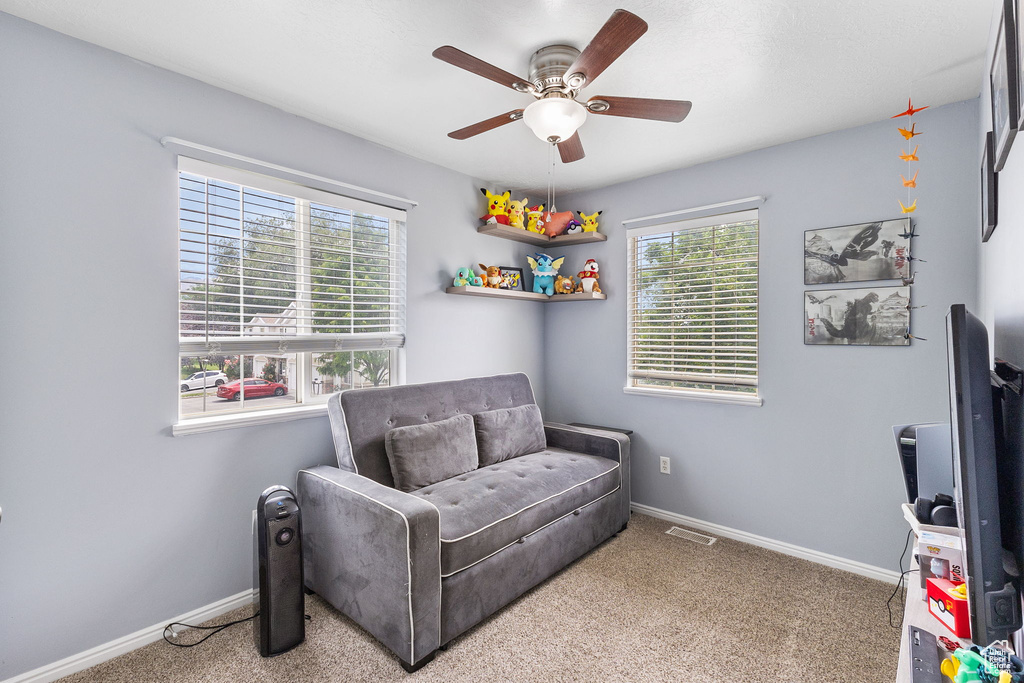 Living area with a ceiling fan, healthy amount of natural light, carpet, and baseboards