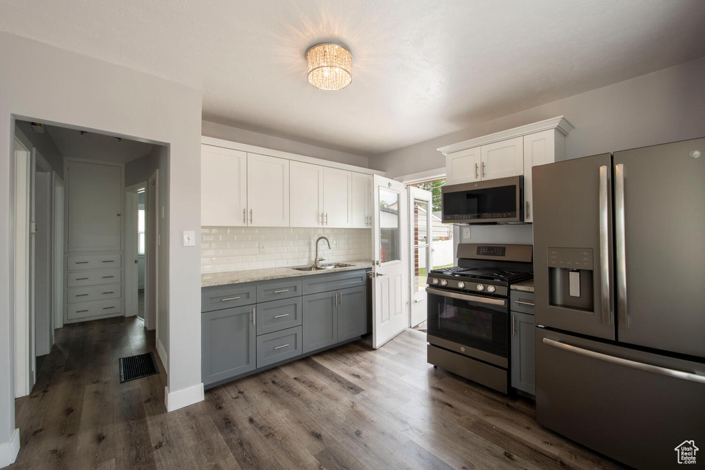 Kitchen with appliances with stainless steel finishes, a sink, white cabinets, backsplash, and dark wood-style floors