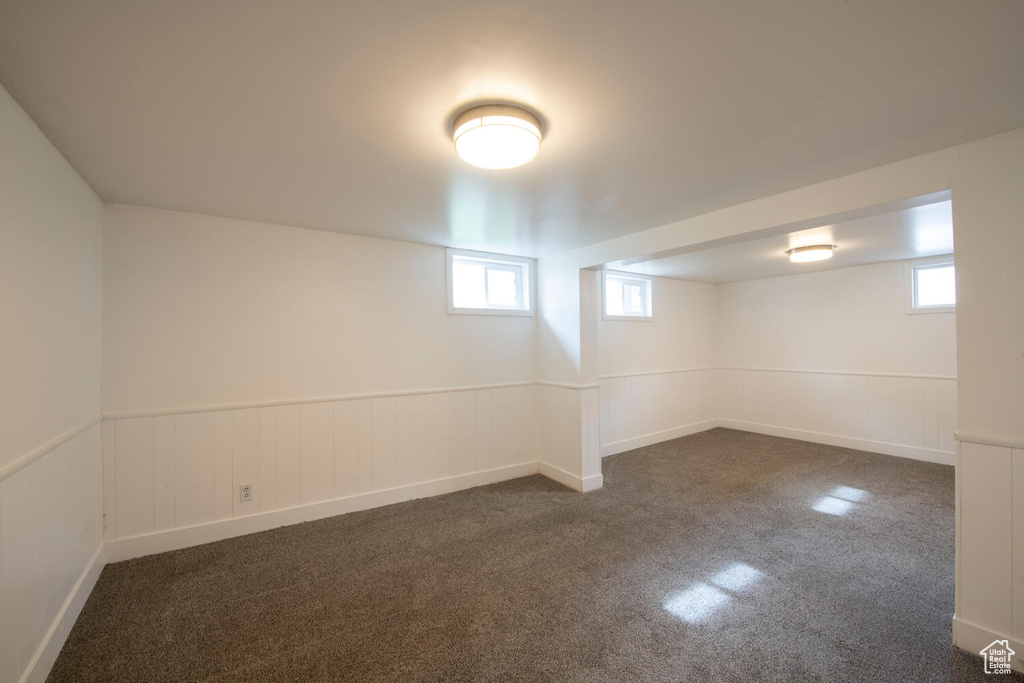 Below grade area with dark carpet