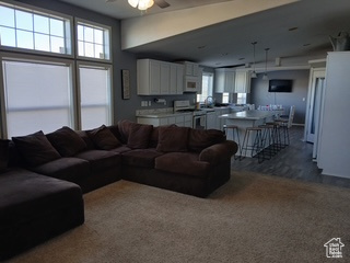 Living room with a ceiling fan, healthy amount of natural light, and dark colored carpet