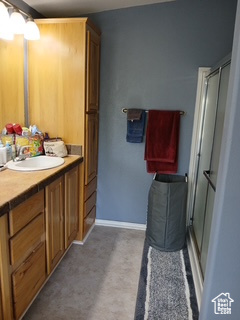 Full bathroom with vanity and a stall shower