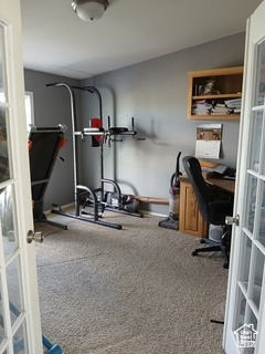Workout area featuring french doors and carpet