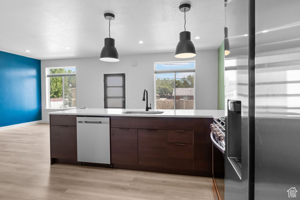 Kitchen featuring stainless steel appliances, a sink, light countertops, modern cabinets, and light wood-style floors