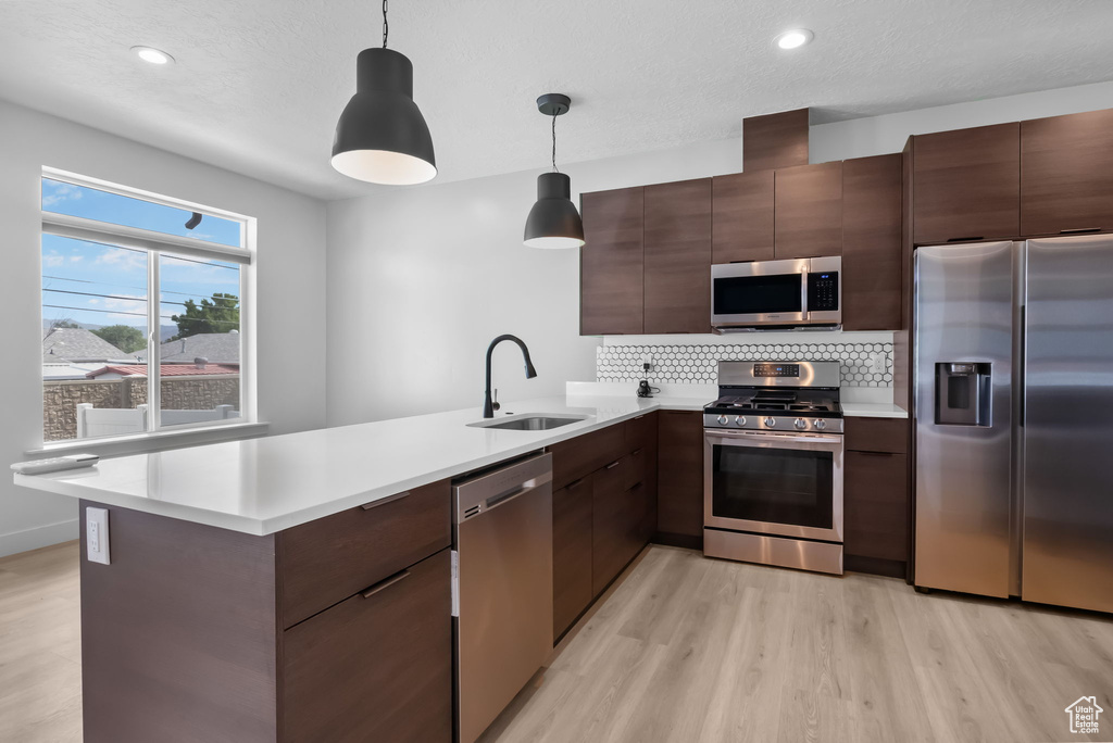 Kitchen with appliances with stainless steel finishes, a sink, light wood-style floors, a peninsula, and recessed lighting