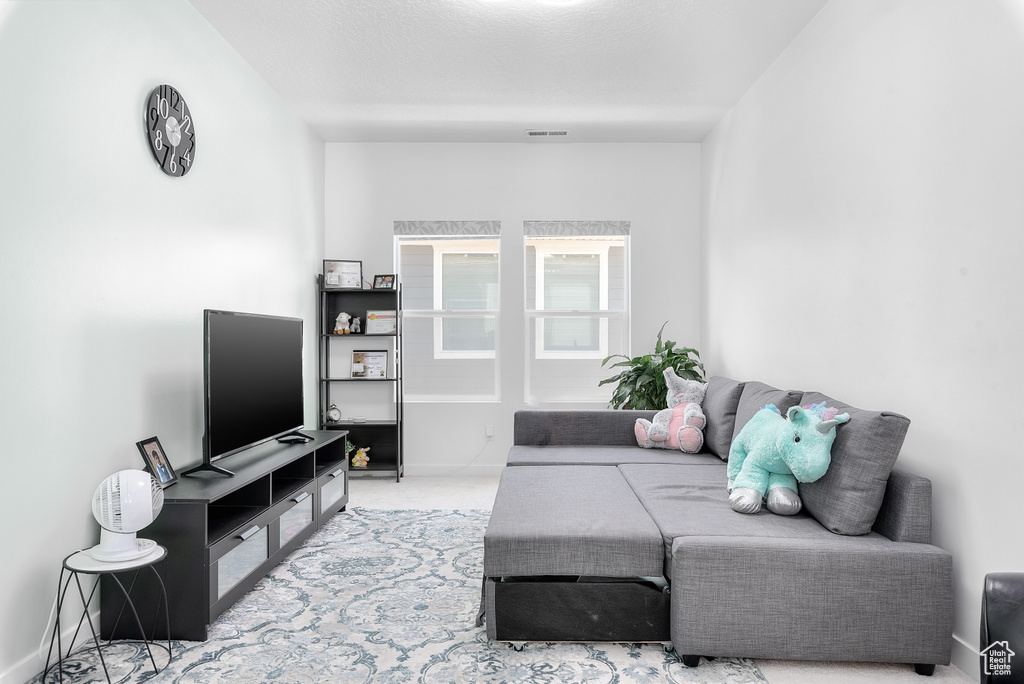 Carpeted living room with baseboards