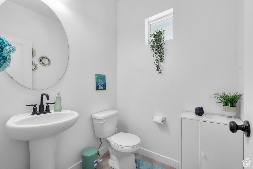 Half bathroom with baseboards, toilet, wood finished floors, and a sink